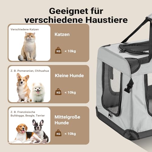 Fudajo Faltbare Transportbox für Hunde, Katzen M (60x42x44cm), robust, leicht, sicher, Hundebox mit Tragegriff und Decke, Grau