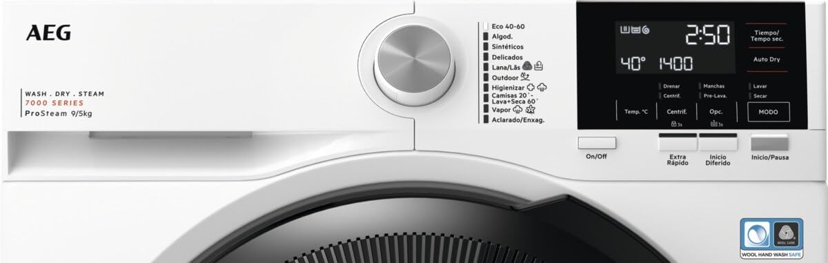 AEG LWR7194M4B Lavasecadora de Carga Frontal, Lava 9 Kg, Seca 6 Kg, Libre Instalación, 1400 rpm, Motor Inverter, Programa Rápido, Nonstop 60 min, Panel LCD, Puerta XL Negra, Clase A, Fabricado en UE