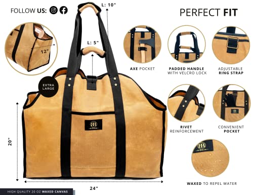 Firewood Carrier Waxed Canvas Tote Bag - Log Carrier For Firewood Heavy Duty Tote Extra Large- 20Oz Waxed Canvas Wood Carrier For Firewood With Handles - Firewood Holder Indoor Log Bag For Fireplace #TOP4
