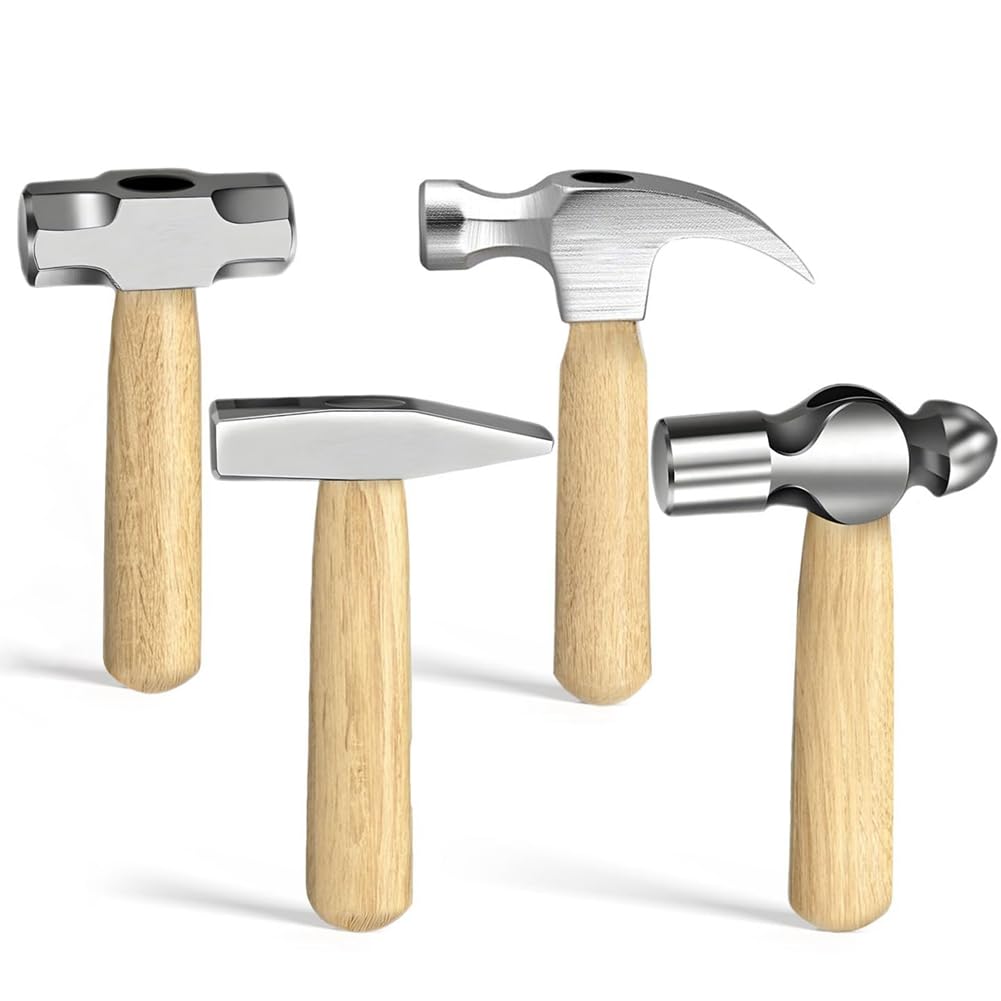 Mqodlfp 4Pcs Small Hammer Set, Forged· And Polished Steel, Short Wood Handle, 10Oz Claw Hammer, 11Oz Ball Peen Hammer
