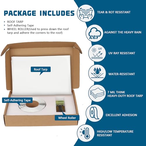 Self-Adhesive Roof Tarp | 10’ x 10’ Heavy Duty Roof Tarp with Self Stick Roll Butyl Tape White Multi Purpose Thick UV-Resistant Roof Waterproof Cloth for Leaks, Roof Repairs by HZCGJMY - Image 3