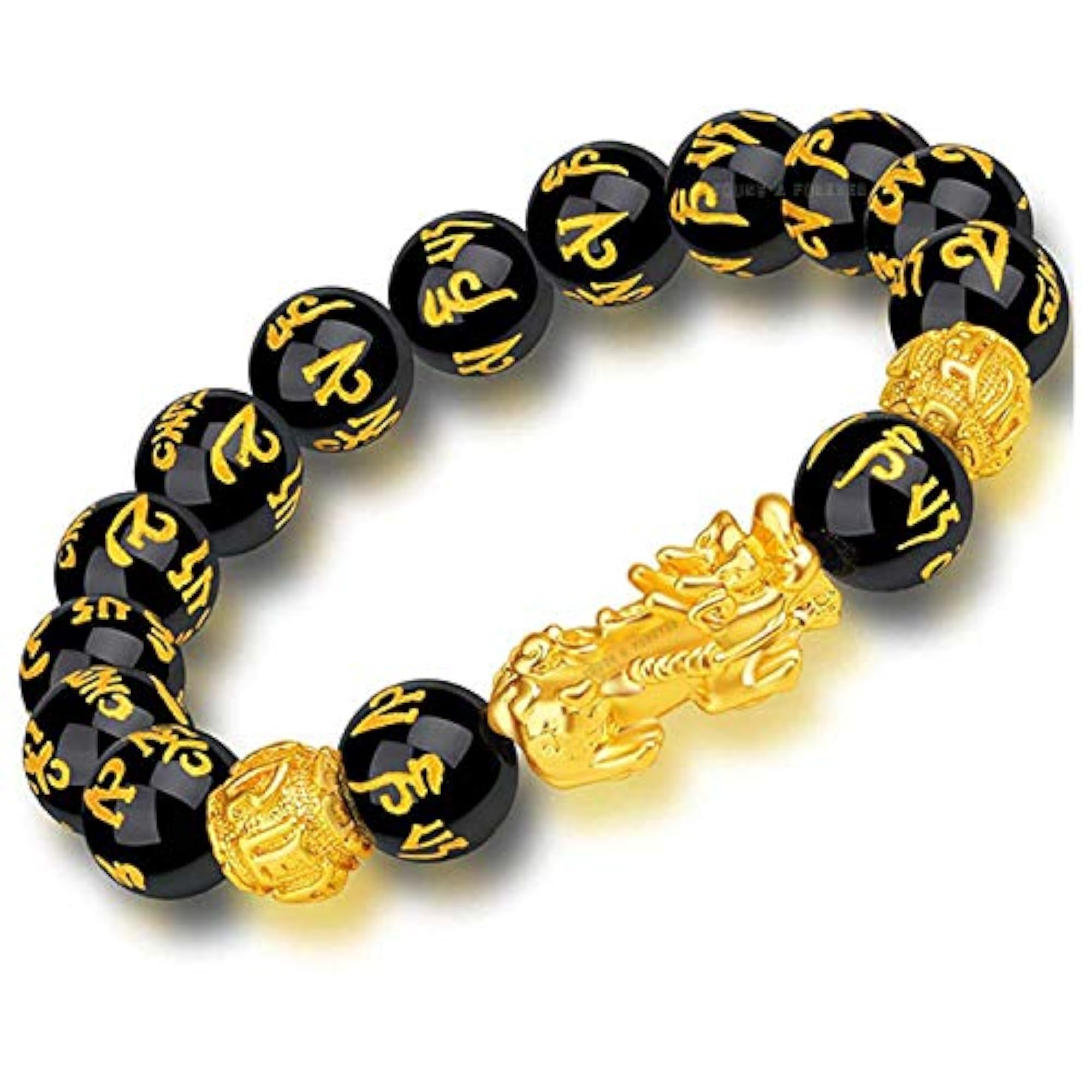 Feng Shui Black Obsidian Dragon Bracelet with Gold-Plated Pixiu Charm