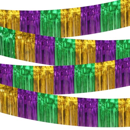 Image of 4 Packs 10 Feet Long Foil Fringe Mardi Gras Garland Green Gold Purple Tinsel Metallic Streamers Wall Hanging Birthday Backdrop Banner for Carnaval Car Parade Floats Streamer Decorations
