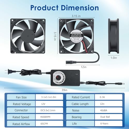 Ventilador axial de extracción pequeño, ventilador de 80 mm y 12 V CC con enchufe CA, cojinetes de bolas dobles, kit para extracción de humos y humo para soldadura DIY y recinto de impresora 3D miniatura 2
