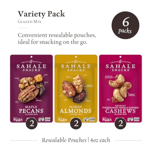 Image of Sahale Snacks Glazed Mix Nut Blend Variety Pack, 4 Oz Grab & Go Bags (Pack of 6) - Four Different Dry-Roasted Deluxe Mixed Nuts Blends Included -Kosher & Certified Gluten-Free Snacks