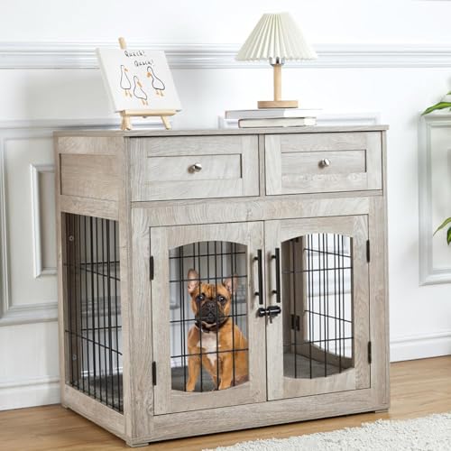 GarveeHome Dog Crate Furniture with Storage Drawers, 31.5" Wooden Dog Crate Table with 2 Drawers, Indoor Dog Kennel with Cushion, Dog House, Dog Cage,