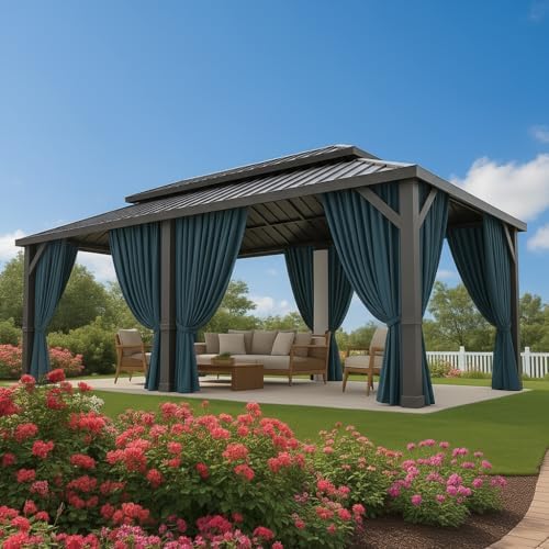 HOTEEL 12x20 Gazebo with Metal Roof Heavy Duty Hardtop Gazebo with Flame-Retardant Curtain & Netting, Hot Tub Gazebos with Metal Double Roof, Outdoor Canopy for Patio, Party, Black(2025 Pro)