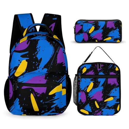 90s Graffiti Blue Purple Yellow Backpack Shoulder Bags Lunch Bag Pencil Case Box 3 Set Daypack Cute