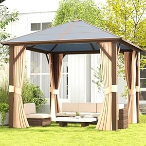 oneinmil 10 x 10 Gazebo Single Polycarbonate Top Outdoor Aluminum Frame Permanent Pergolas with Curtains and Netting for Patios Backyards and Gardens