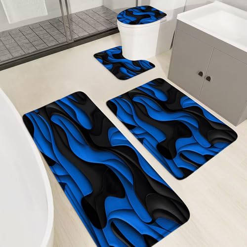 AMFD 4 Pieces Bathroom Rug Sets,Black Blue Modern Abstract Geometric