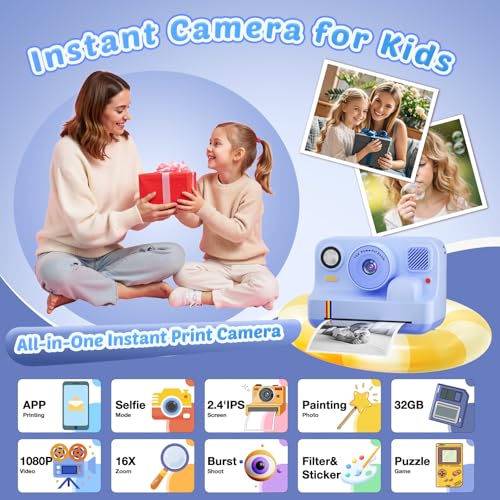 image for Cowilax Instant Print Camera for Kids, App Printing, 1080P Video, Dual