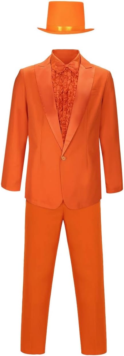 AMNPOLEN Men Lloyd and Harry Costume Blue Suit Orange Tuxedo Coat Hat Bow Tie 90s Movie Halloween Cosplay Outfit