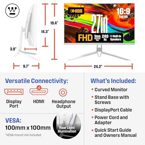 Image of Westinghouse 27 Inch Curved Gaming Monitor, 240Hz, 1ms, 4000:1 Contrast Ratio, 118% sRGB, 1500R, FHD 1080P, AMD FreeSync, Eyecare, for PC Games with Built-in Speakers, DisplayPort, HDMI-White
