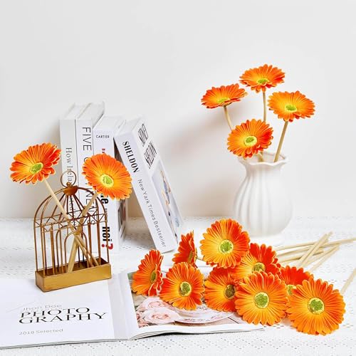Image of CURATED CART Gerbera Daisy Flowers - Pack of 5 Orange Faux Blooms, 30cm Tall | Real Touch PU Petals with Bendable Green Stems | Artificial Flower Bouquet for Home, Kitchen, Office (Orange) (No Vase)