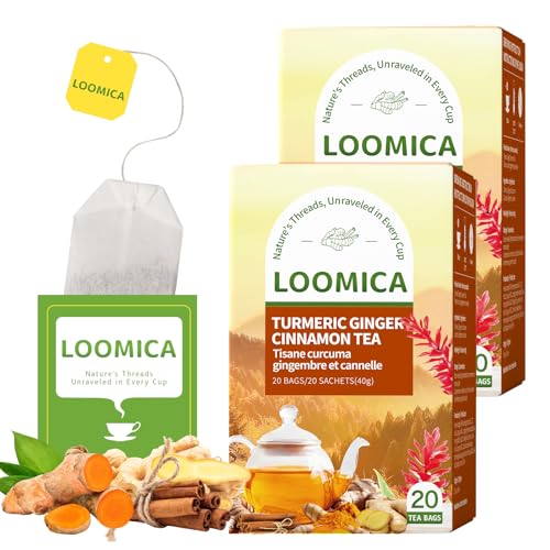 Image of LOOMICA Turmeric Ginger Cinnamon Tea, Naturally Caffeine-Free, Warm & Spicy Herbal Blend, Rich & Aromatic, Perfect for Cozy Mornings & Relaxing Evenings, 20 Counts, (Pack of 2)