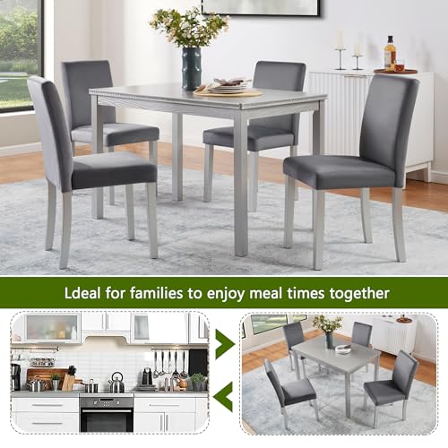 Image of KEIKI 5-Piece Standard Height Dining Table Set with Rectangular Table and 4 Upholstered Chair, for 4 Person, Crystal Decoration Wooden Table Set, Easy Assembly, for Kitchen, Dining Room, Silver Grey