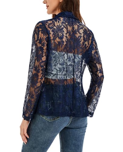 Women's Lace Blazer Open Front 3/4 Sleeve Button Down Sheer Mesh Lace Blazers Elegant Casual Blazer Jacket3