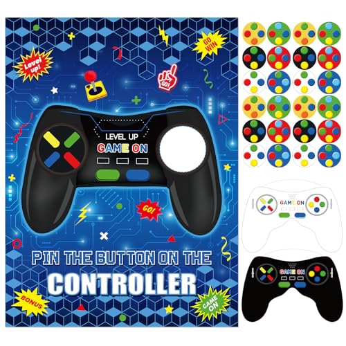 Faccito Pin The Button on The Video Game Birthday Games Set Video Game Poster with 24 Button Stickers 2 Games Controller Blindfolds for Birthday Party Wall Home Room Decorations Activities Supplies