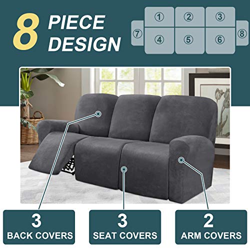 Secertmu 8-Pieces Recliner Sofa Covers Velvet Stretch Reclining Couch Covers For 3 Cushion Reclining Sofa Slipcovers Furniture Covers Thick Soft Washable (Dark Grey, 3 Seat) #TOP1