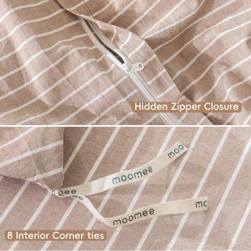 Image of MooMee Striped Duvet Cover Set 100% Washed Cotton Linen Like Queen | Relaxed Linen-like Texture. Soft, Breathable & Long-lasting Comfort. Lightweight. Hidden Zipper with 8 Interior Corner Ties