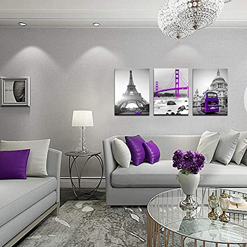 3 Piece Eiffel Tower Painting Canvas Wall Art Golden Gate Bridge Picture St Paul's Cathedral Poster Prints Gray White Purple Artwork For Living Bathroom Bedroom Home Decor Easy To Hang 12"X16"X3Pcs #TOP1