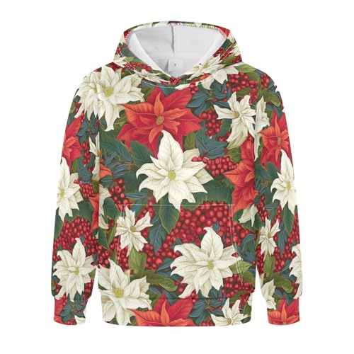 Kids Hoodies Sweaters Christmas Poinsettia Flower Hooded Sweatshirts with Big Pockets for Boys Girls B0400047
