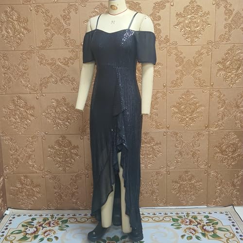 Image of dasmzper Women Sexy Off Shoulder Bodycon Ruffle Split Hem Maxi Cocktail Party Evvening Night Out Dress Black