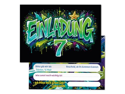 Junaversum 12 Einladungskarten zum 7. Kindergeburtstag Graffiti Kinder Mädchen Junge coole bunte Einladungen siebte Geburtstag Geburtstagseinladungen Kids