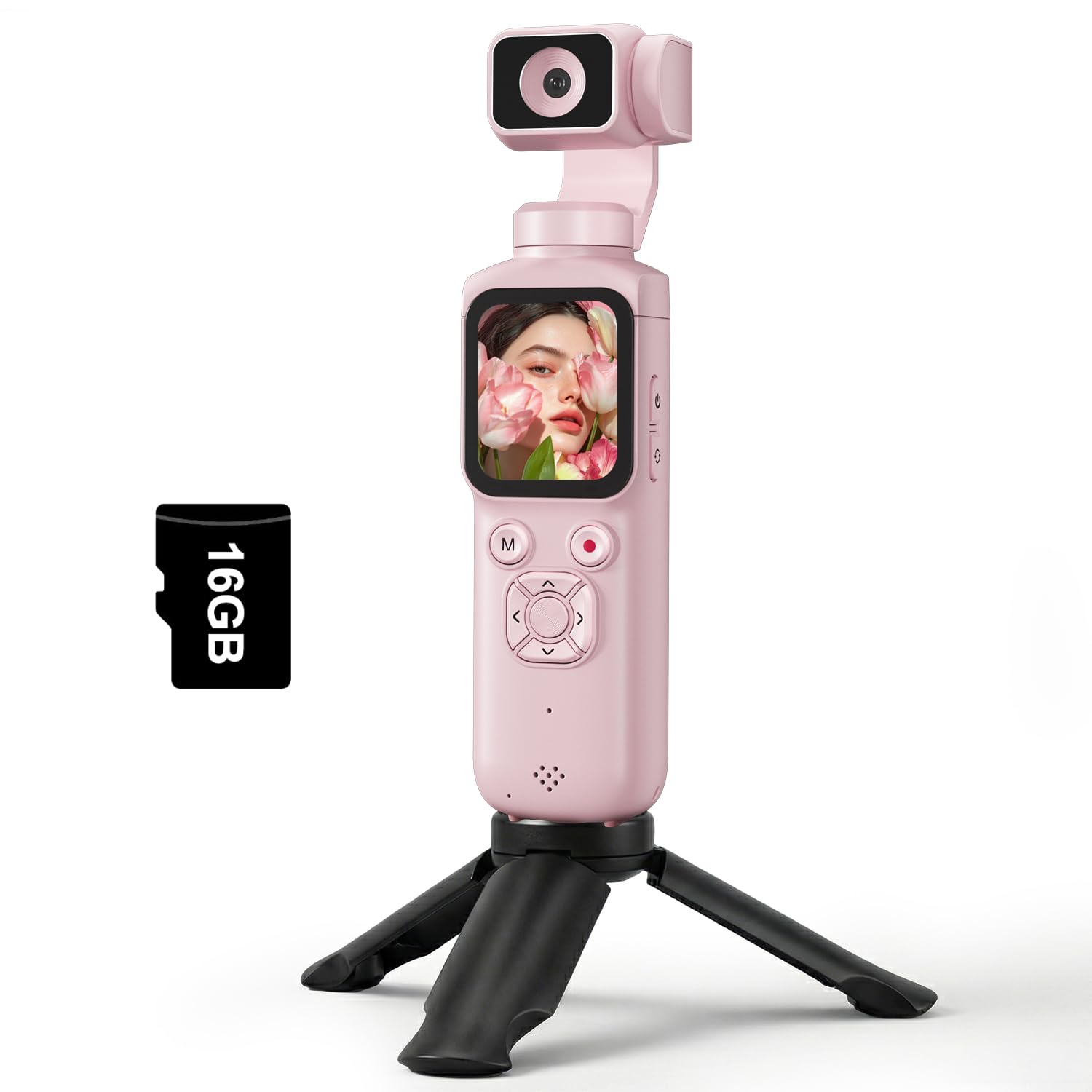 Lmzour 330° 회전 렌즈 및 얼굴 추적 기능이 있는 4K 블로깅 카메라, Wi-Fi가 있는 YouTube TikTok용 휴대용 포켓 디지털 카메라, 16GB 카드, 삼각대 및 휴대용 가방 포함, 핑크
