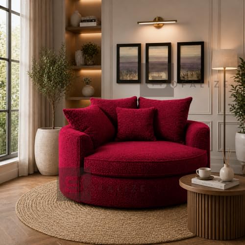 Image of SOFALIZE Modern Barrel Accent with Pillows Round Sofa Oversize Arm Chair Cozy Club Chair for Bedroom, Living Room, Lounge, Hotel & Office, Hallways, Red Boucle, Width 127cm x Depth 127cm x Height 80cm