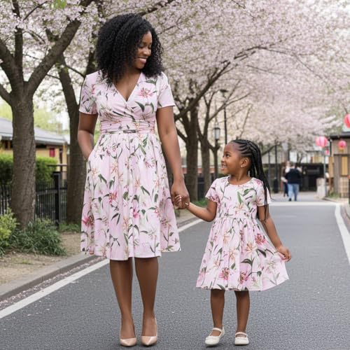 Image of Mommy and Me Floral Dresses Mother Daughter Matching Short Sleeve Tshirt Midi Dress Crew Neck Outfits with Pockets