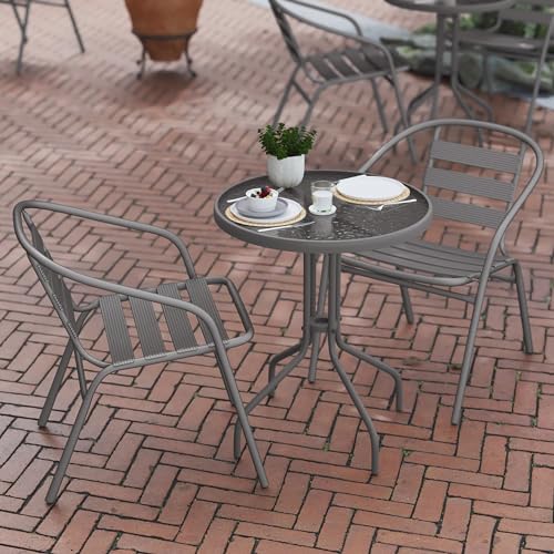 Flash Furniture TLH-071RD-017CSV2-GG Lila 23.75'' Round Glass Table with 2 Metal Aluminum Slat Stack Chairs, Silver by Flash Furniture - Image 5