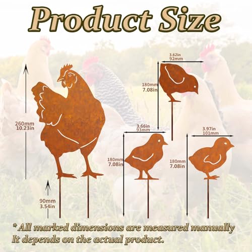Hühner Gartenstecker, 4er Ostern Rost Deko Hühner für Draußen, Gartendeko für Draußen Wetterfest, Deko Huhn Gartenstecker Metall Bauernhof Frühling Deko