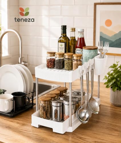 Image of Xmart India 2 Tier Under Sink Organizer, Pull Out Cabinet Storage Rack with Sliding Drawers & Hooks, Kitchen Cabinet Organizer, Bathroom Storage Shelf, Pantry & Laundry Organizer (1, White)