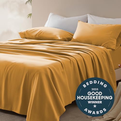 SLEEP ZONE Nanotex Super Soft Cooling Twin Bed Sheets Set for Kids 3 Piece - Easy Care Fitted Flat Sheet & Pillowcase Sets - Wrinkle Free, Fade Resistant, Deep Pocket 16" (Dull Yellow, Twin)