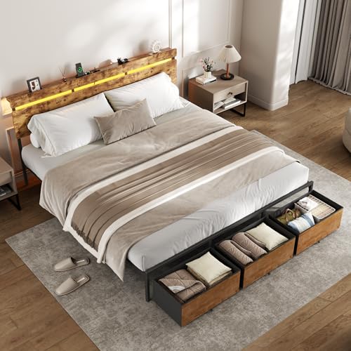 Image of Forestell King Size Bed Frame with Wood Headboard, Metal Platform Bed with 3 Storage Drawers & Shelf, Built-in Charging Station & LED Lights, No Box Spring Needed, Vintage Brown, Camas King