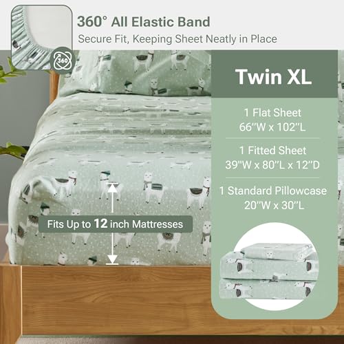 True North by Sleep Philosophy Cozy Flannel Warm 100% Cotton Sheet - Novelty Print Animals Stars Cute Ultra Soft Cold Weather Bedding Set, Twin XL, Seafoam Llama 3 Piece