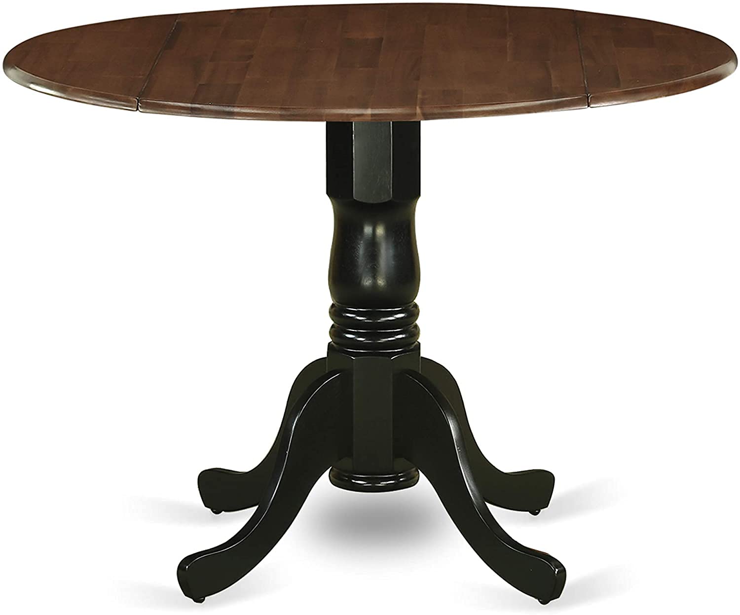 East West Furniture DMT-WBK-TP Dublin Dining Made of Rubber Wood offering Walnut Finish Table Top with Two 9 Inch Drop Leaves, 42 Inch Round, Wirebrushed Black Pedestal- TOP TABLE ONLY