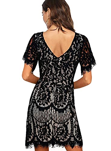 Image of MSLG Women's Elegant Round Neck V-Back Wedding Guest Floral Lace Cocktail Party A Line Dress 910