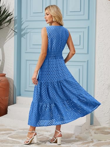 Image of Women 2026 Summer Maxi Dress Casual V Neck Sundress Sleeveless Hollow Out Eyelet a Line Long Flowy Beach Vacation Dresses(Blue,S)