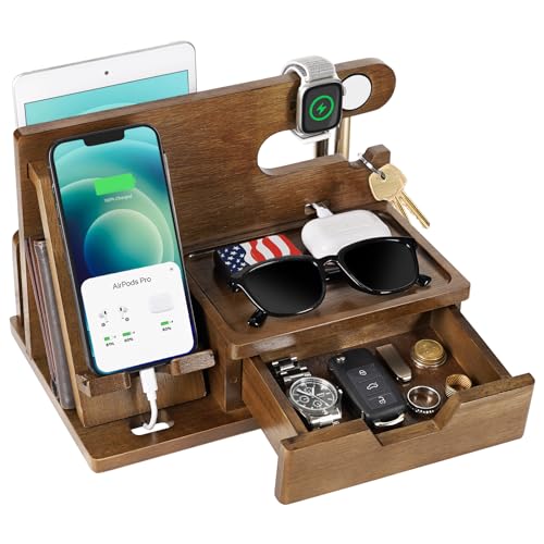 Funistree Gifts for Men Him Husband Dad, Wood Phone Docking Station with Drawer, Birthday Anniversary Men Him Husband Boyfriend Gifts from Girlfriend, Mens Nightstand Organizer Presents Ideas