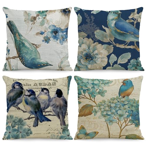 Image of BREASOME Cushion Covers 45 x 45 cm Set of 4 Floral and Birds Design Cushion Covers Linen Decorative Square Throw Pillow Cases for Sofa Couch Bedroom Living Room
