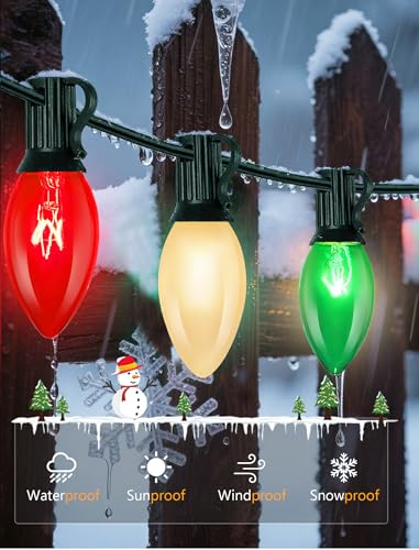 Image of C9 Red White and Green Christmas Lights Outdoor, 25FT Vintage Christmas Tree Light with 26 C9 Clear Multicolor Bulbs, Hanging Outdoor Christmas Lights for Holiday Roofline Patio Garden Party Decor
