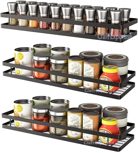 Image of Craftize Mstore Wall-Mounted Spice Rack Organizer Pack of 3 - Black Iron Kitchen Hanging Shelf with 5 S-Hooks for Utensils - Sizes 17 inch, 16 inch & 15 inch Inches (Three Different Sizes)