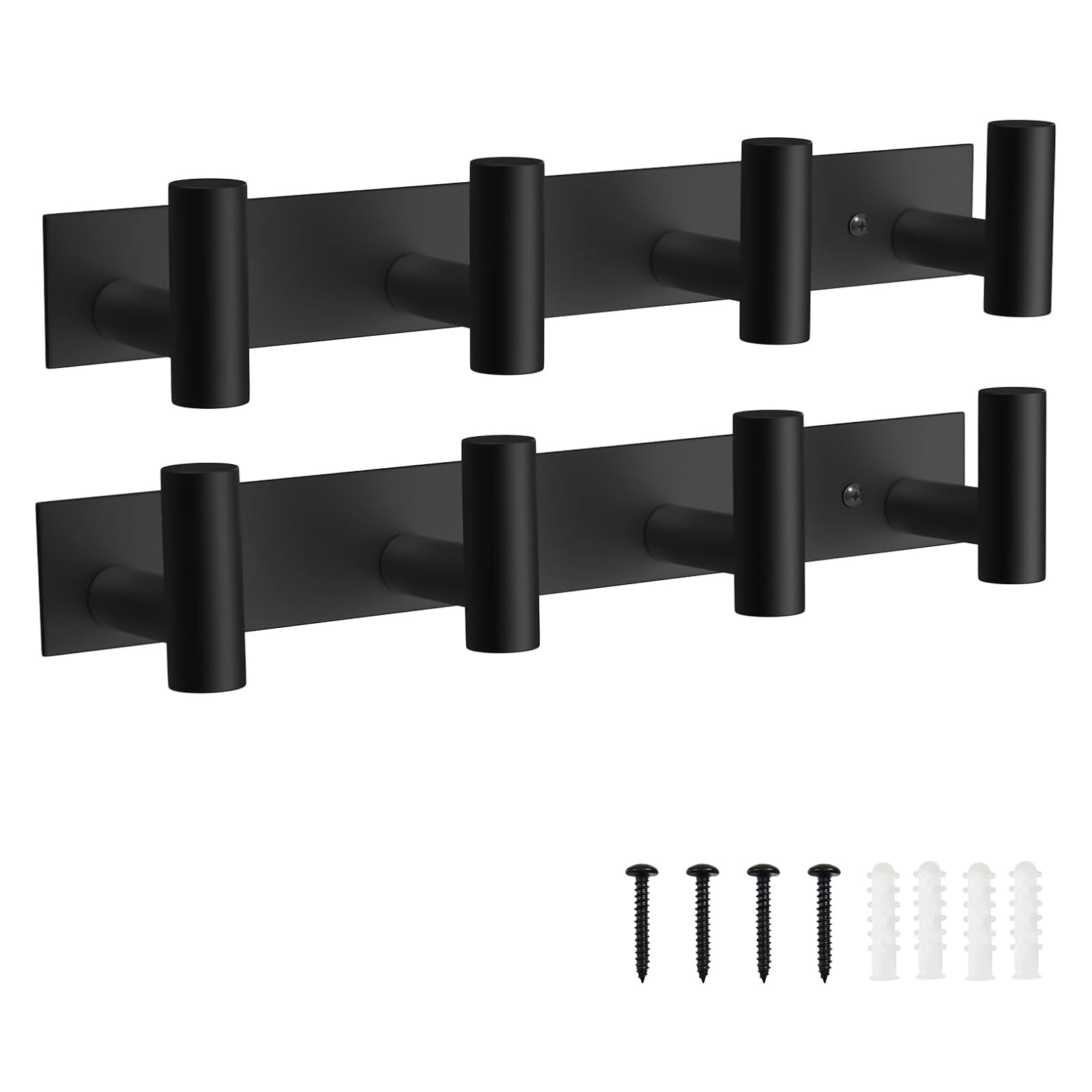 VAEHOLD 2PACK Hat and Coat Wall Mount Rack - 4 Hooks for Robes, Bags, Keys, and Towels - Bathroom Towel Hanger Organizer -Black