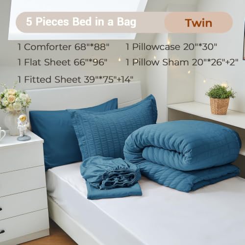 Image of MUXHOMO 5 Pieces Twin Comforter Set, Seersucker Bed in a Bag Twin Size, All Season Luxury Bedding Set with Comforter, Flat Sheet, Fitted Sheet, Pillowcase & Sham, Teal