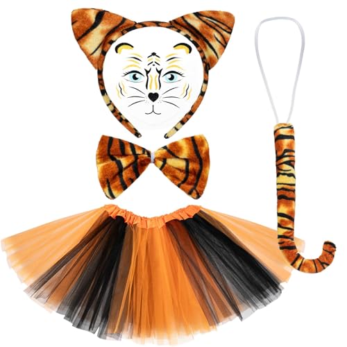 LXONTSG Tiger Cosplay Set, Carnival & Theme Party Costume, Adults & Children, Unisex, One Size, Orange, Polyester & Vinyl, Includes Face Tattoos, Skirt, Ear Headband, Bow Tie, Tail