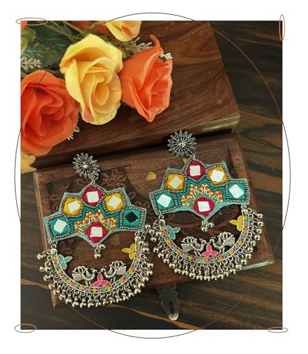 Handmade Fabric Statement Dangle Earrings for Women Vintage Beaded Chandelier Drop Dangling Earring Indian Bollywood Jewelry Gifts Jhumka Festival Holiday Christmas
