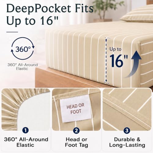 Image of Queen Size Striped Sheets, Deep Pocket Soft & Cooling Bed Sheet Set, 4PC