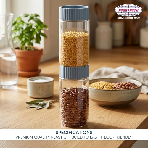 Image of Asian Plastowares - Clear Stack Jar (1000ML X 2) | BPA-Free | Multipurpose Jar for Snacks, Pulses, Dry Fruits & Biscuits | Airtight | Food Grade Storage Box | Assorted Colour